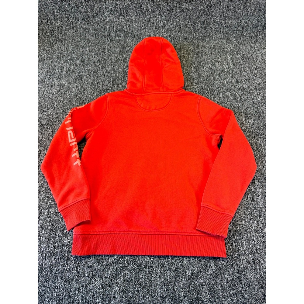Carhartt Hoodie Mens Red Logo Ribbed Hem Drawstring Kangroo Pockets Pullover - Picture 2 of 16